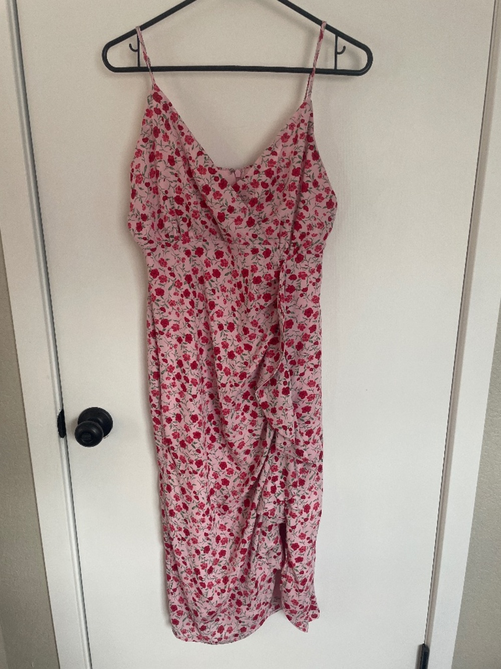 Pink Midi with Red Floral Flowers Dress